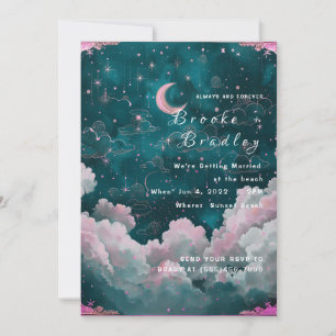 Teal Dreamy Moon & Stars Wedding Invitation