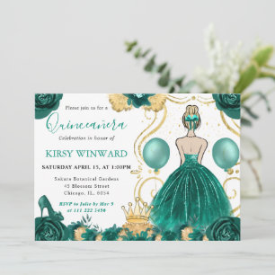 Teal Dress Blonde Hair Princess Quinceanera Invitation