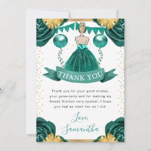 Teal Dress Blonde Haired Princess Sweet 16 Thank You Card