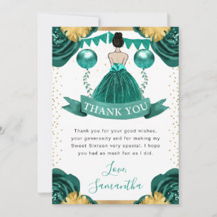 Teal Dress Brunette Haired Princess Sweet 16 Thank You Card