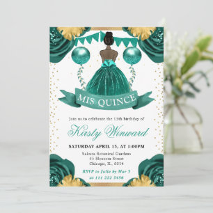 Teal Dress Dark Skin Princess Quinceanera Invitation