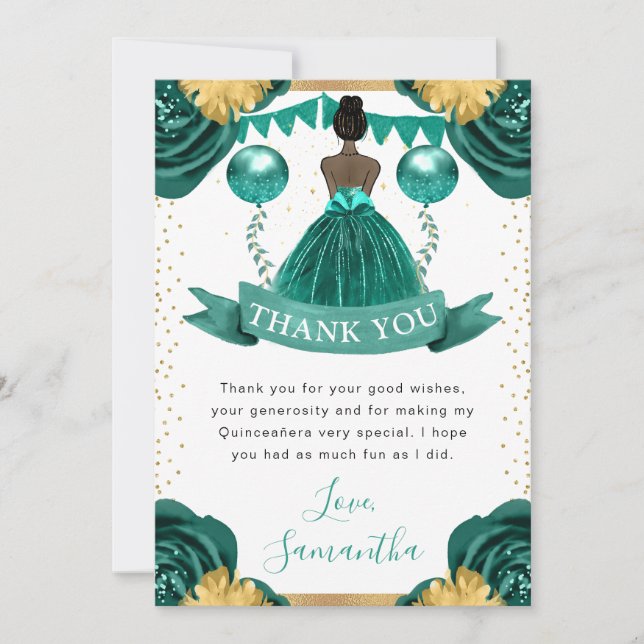 Teal Dress Dark Skin Princess Quinceanera Thank You Card (Front)