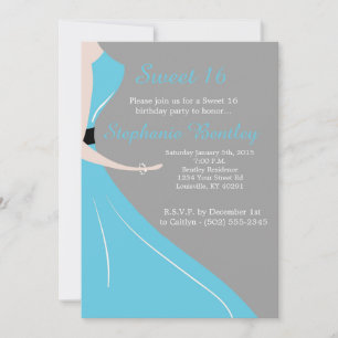 Teal Dress Silhouette Sweet 16 Birthday Invitation