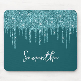Teal Dripping Glitter Glam Name Mouse Mat