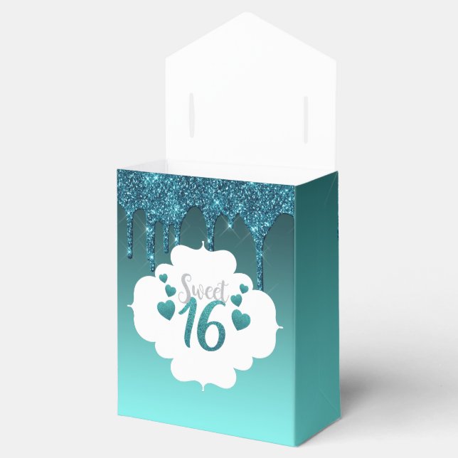 Teal Dripping Glitter Sweet 16 Favour Box (Opened)