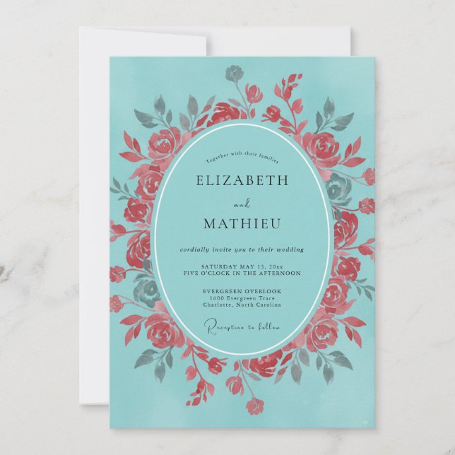 Teal Dusty Coral Wreath Wedding Invitation (Front)