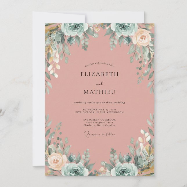 Teal Dusty Pink Foliage Eucalyptus Wedding Invitation (Front)