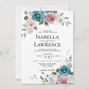 Teal Dusty Rose Ivory Floral Watercolor Wedding Invitation