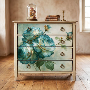 Teal Edged Cream Oil Paint Rose Decoupage Tissue Paper