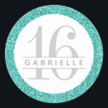 Teal Egg Blue Glitter Birthday Favour Sticker Labe<br><div class="desc">Turquoise, teal, robin egg blue, breakfast themed party glitter sticker with silver coloured customisable birthday age and name text. Great accent for elegant and modern Bat Mitzvah celebrations, sweet sixteen, 16th birthday parties, Quinceaneras, baby showers, bridal showers, and weddings. The artwork is a printed image of glitter - no real...</div>