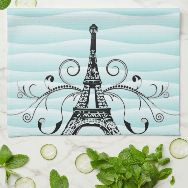 Teal Eiffel Towel Flourish Kitchen Towel (Folded)