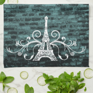 Teal Eiffel Towel Grunge Kitchen Towel