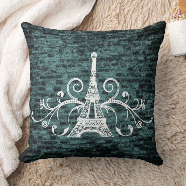 Teal Eiffel Towel Grunge Throw Pillow (Blanket)