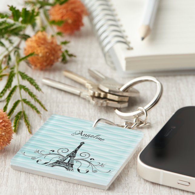 Teal Eiffel Tower Flourish Keychain (Front Right)