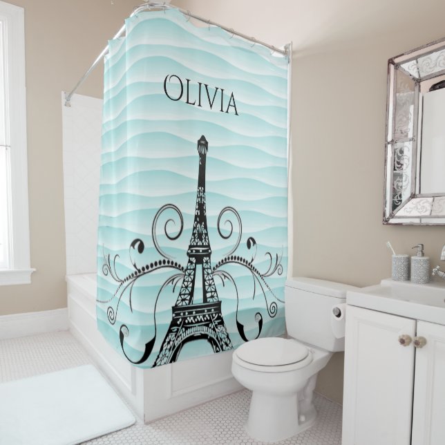 Teal Eiffel Tower Flourish Shower Curtain (In Situ)