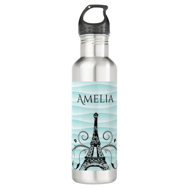 Teal Eiffel Tower Flourish Water Bottle (Front)