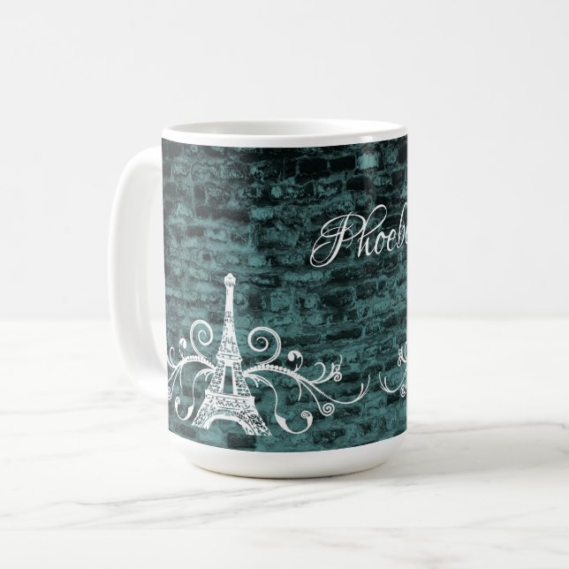 Teal Eiffel Tower Grunge Coffee Mug (Front Left)
