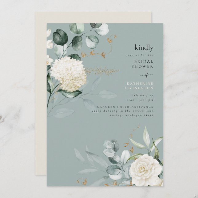 Teal Elegance White Hydrangeas Bridal Shower  Invitation (Front/Back)