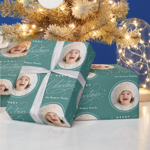Teal Elegant Calligraphy Merry Christmas photo Wrapping Paper