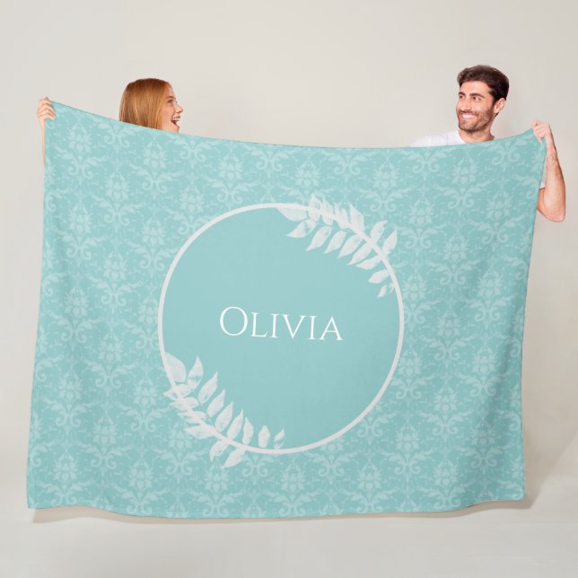 Teal Elegant Damask Personalised Fleece Blanket (In Situ)