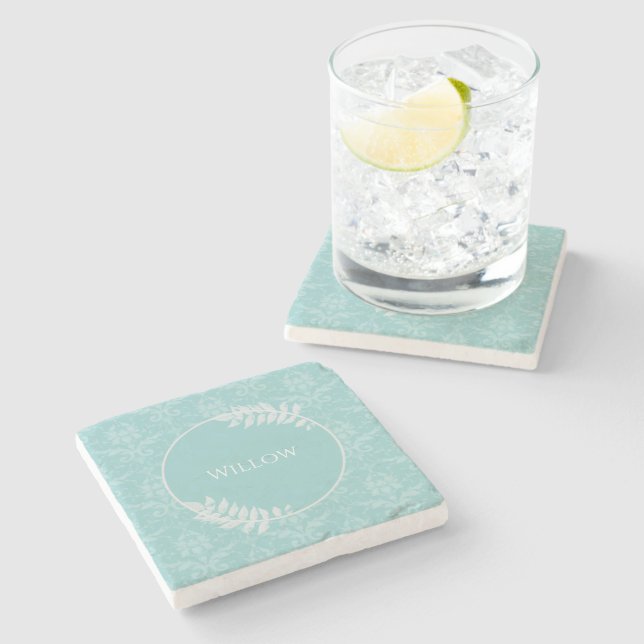 Teal Elegant Damask Personalised Stone Coaster (Side)