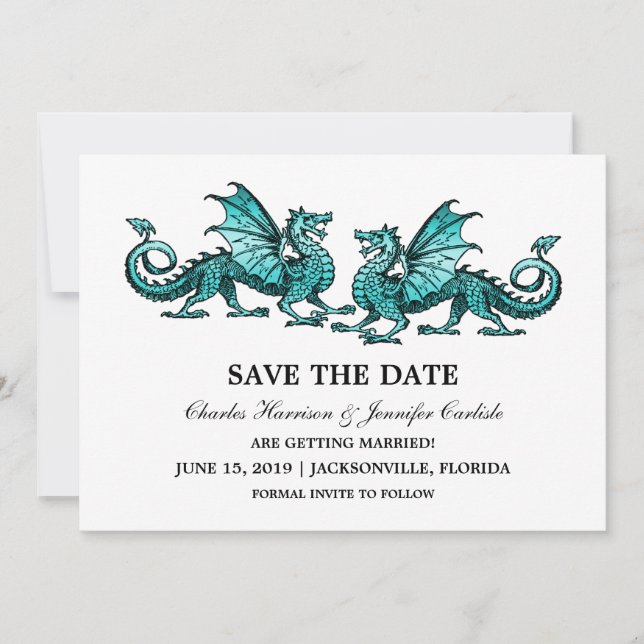 Teal Elegant Dragons Save the Date Invite (Front)
