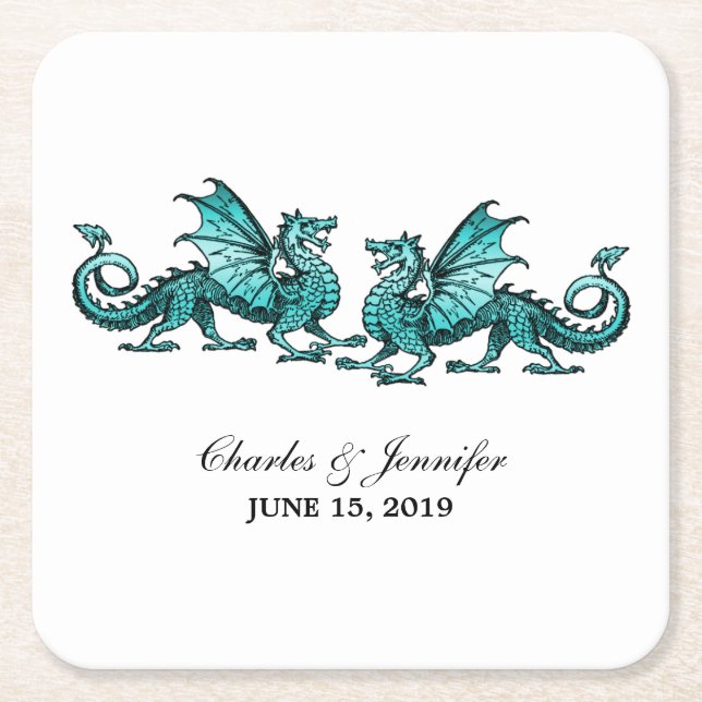 Teal Elegant Dragons Wedding Paper Coasters (Front)