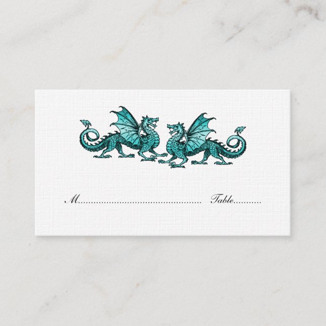 Teal Elegant Dragons Wedding Place Card (Front)