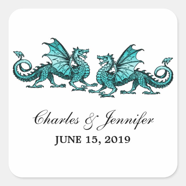 Teal Elegant Dragons Wedding Stickers (Front)
