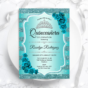 Teal Elegant Floral Quinceanera Invitation