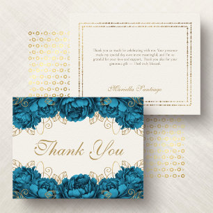 Teal Elegant Floral Quinceanera Thank You Card