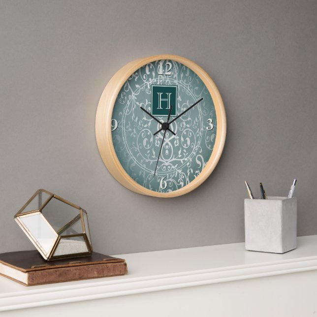 Teal Elegant Flourish Monogram Clock (Office)