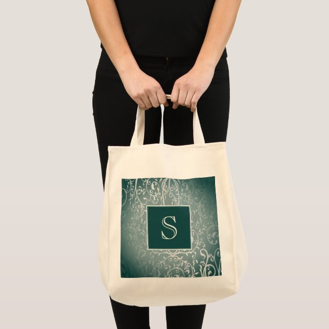 Teal Elegant Flourish Monogram Tote Bag (Front (Product))