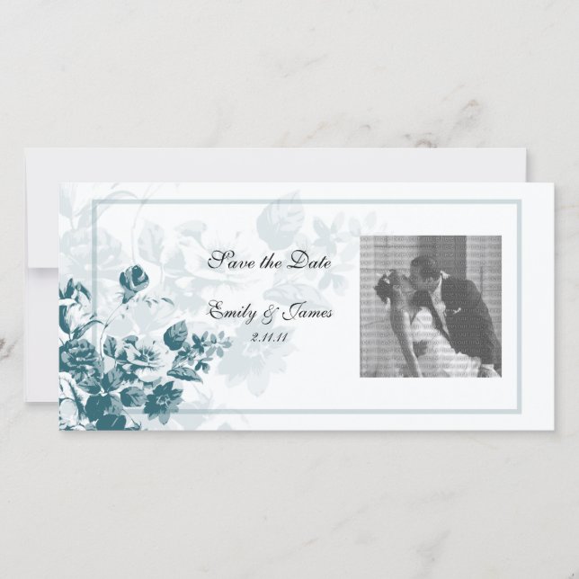 Teal Elegant Flower Wedding Photo Cards (Front)
