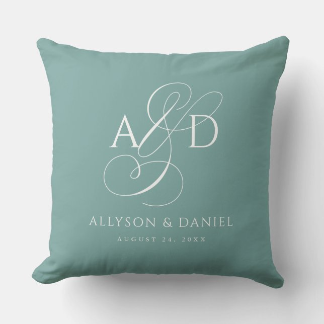Teal Elegant Initial Script Monogram Wedding Cushion (Front)