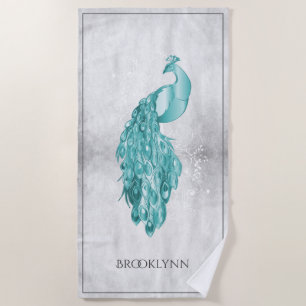 Teal Elegant Peacock Beach Towel