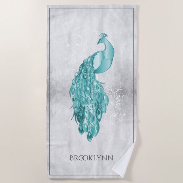 Teal Elegant Peacock Beach Towel (Front)