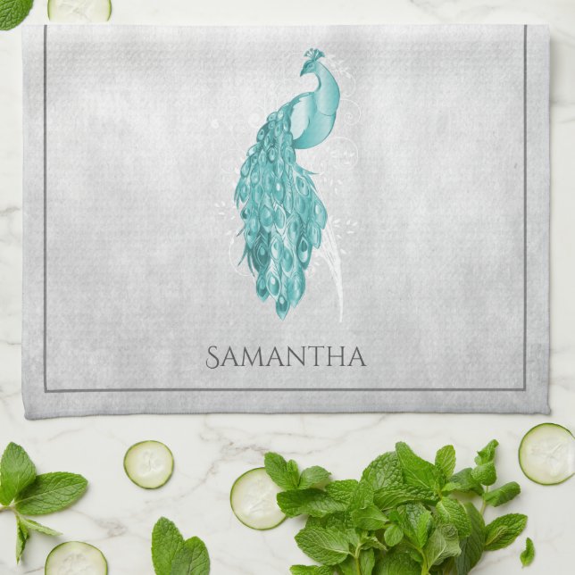 Teal Elegant Peacock Kitchen Towel (Folded)