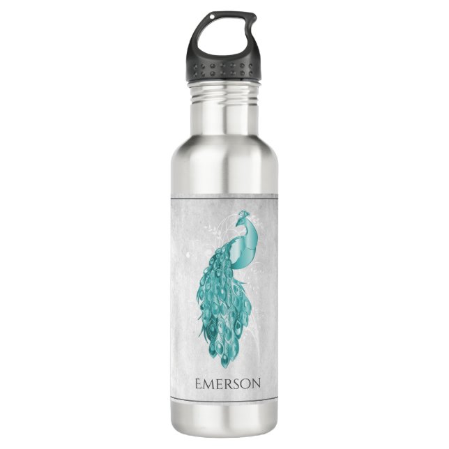 Teal Elegant Peacock Personalised 710 Ml Water Bottle (Front)