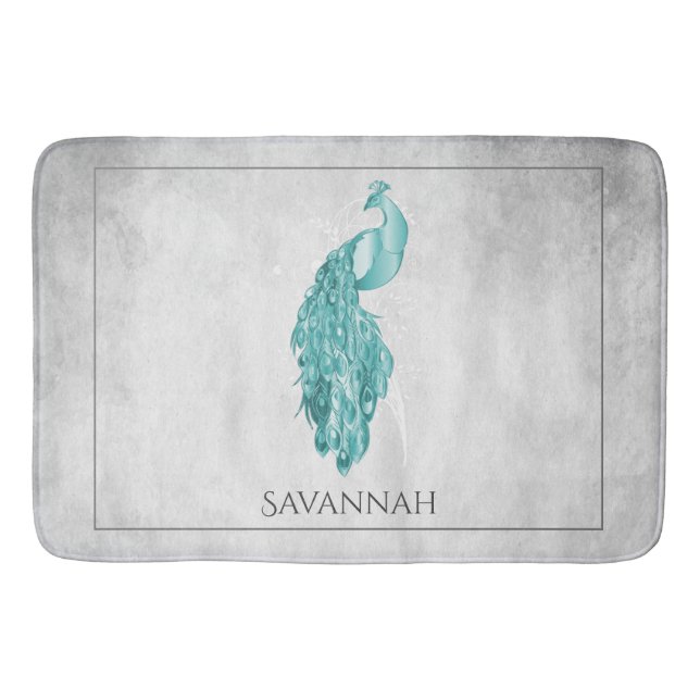 Teal Elegant Peacock Personalised Bath Mat (Front)