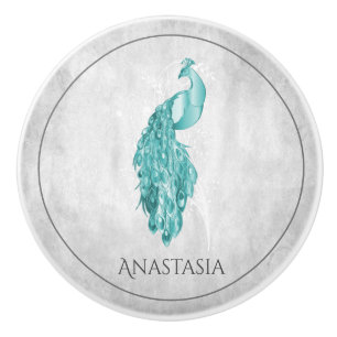 Teal Elegant Peacock Personalised Ceramic Knob