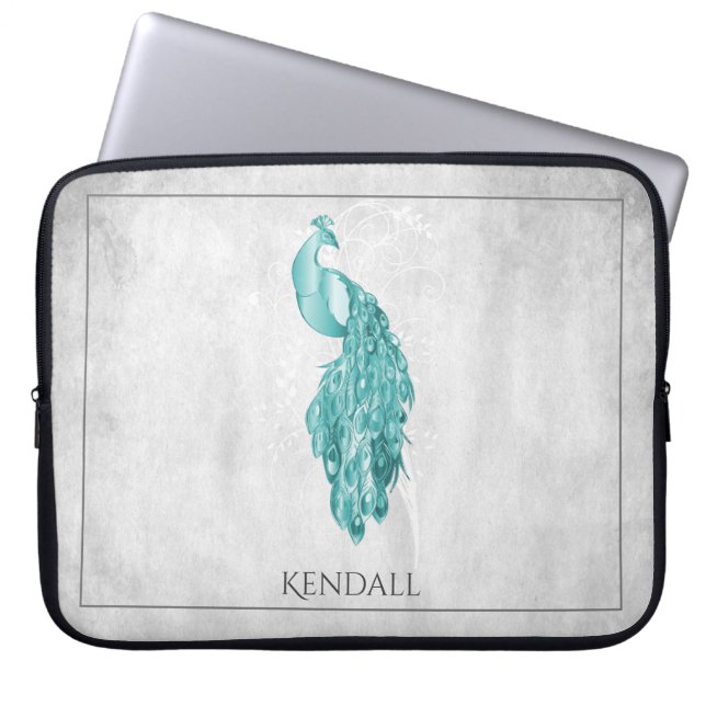 Teal Elegant Peacock Personalised Laptop Sleeve (Front)