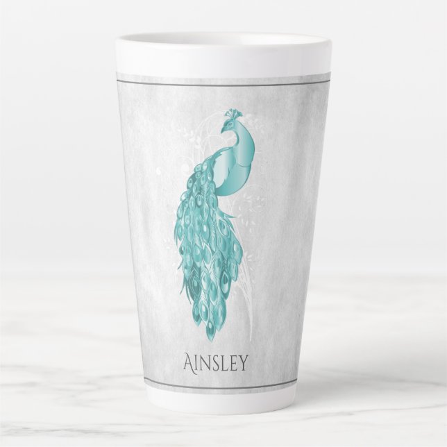 Teal Elegant Peacock Personalised Latte Mug (Front)