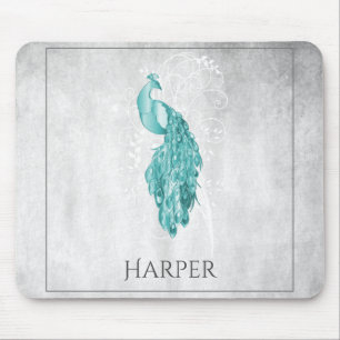Teal Elegant Peacock Personalised Mouse Pad