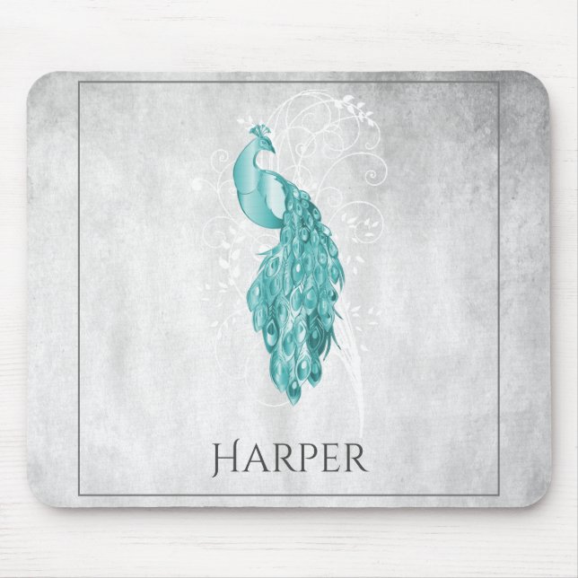 Teal Elegant Peacock Personalised Mouse Pad (Front)