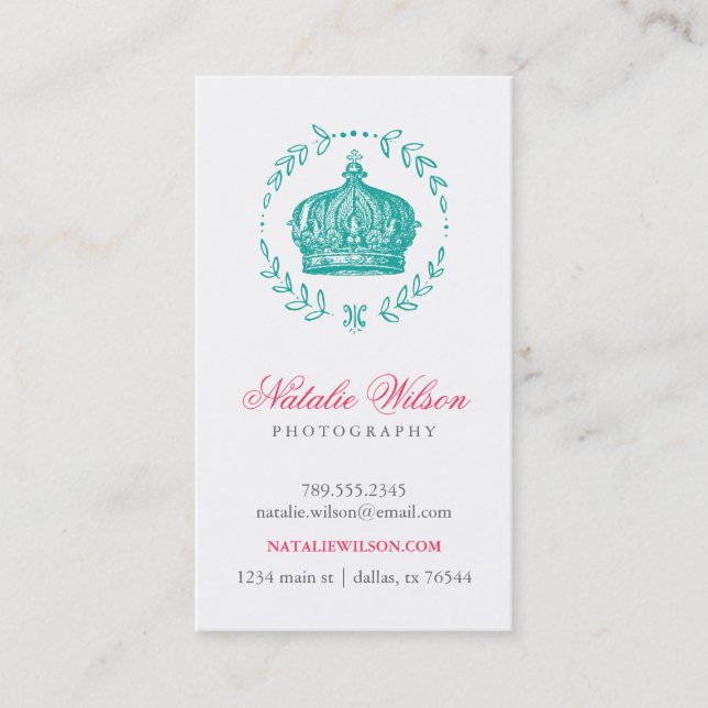 Teal Elegant Vintage Crown Vertical Business Card (Front)
