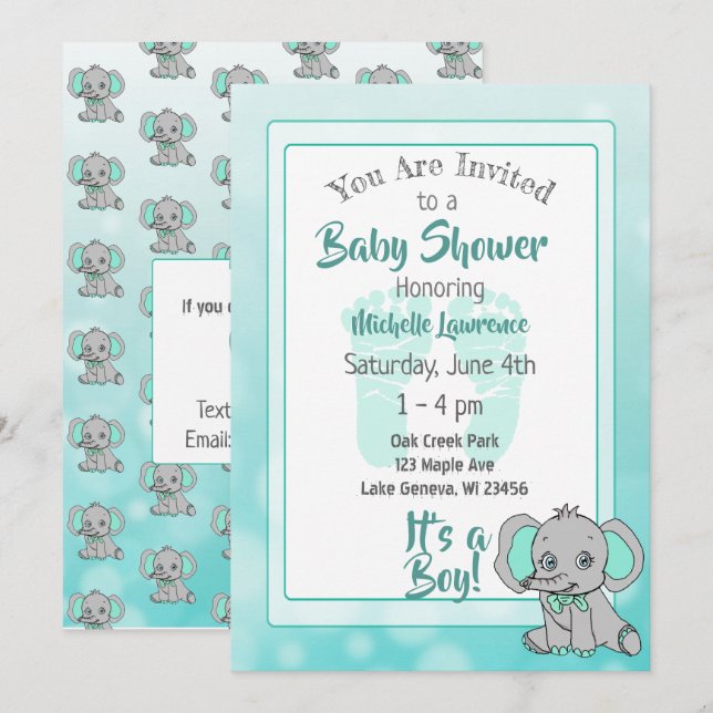 Teal Elephant Baby Shower Invitation (Front/Back)