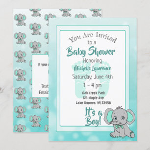 Teal Elephant Baby Shower Invitation