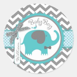 Teal Elephant Bow-tie Chevron Print Baby Shower Classic Round Sticker