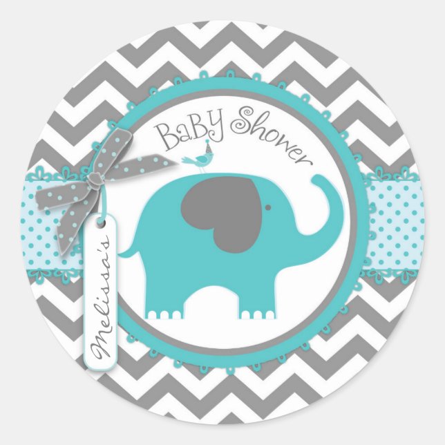Teal Elephant Boy Chevron Print Baby Shower Classic Round Sticker (Front)